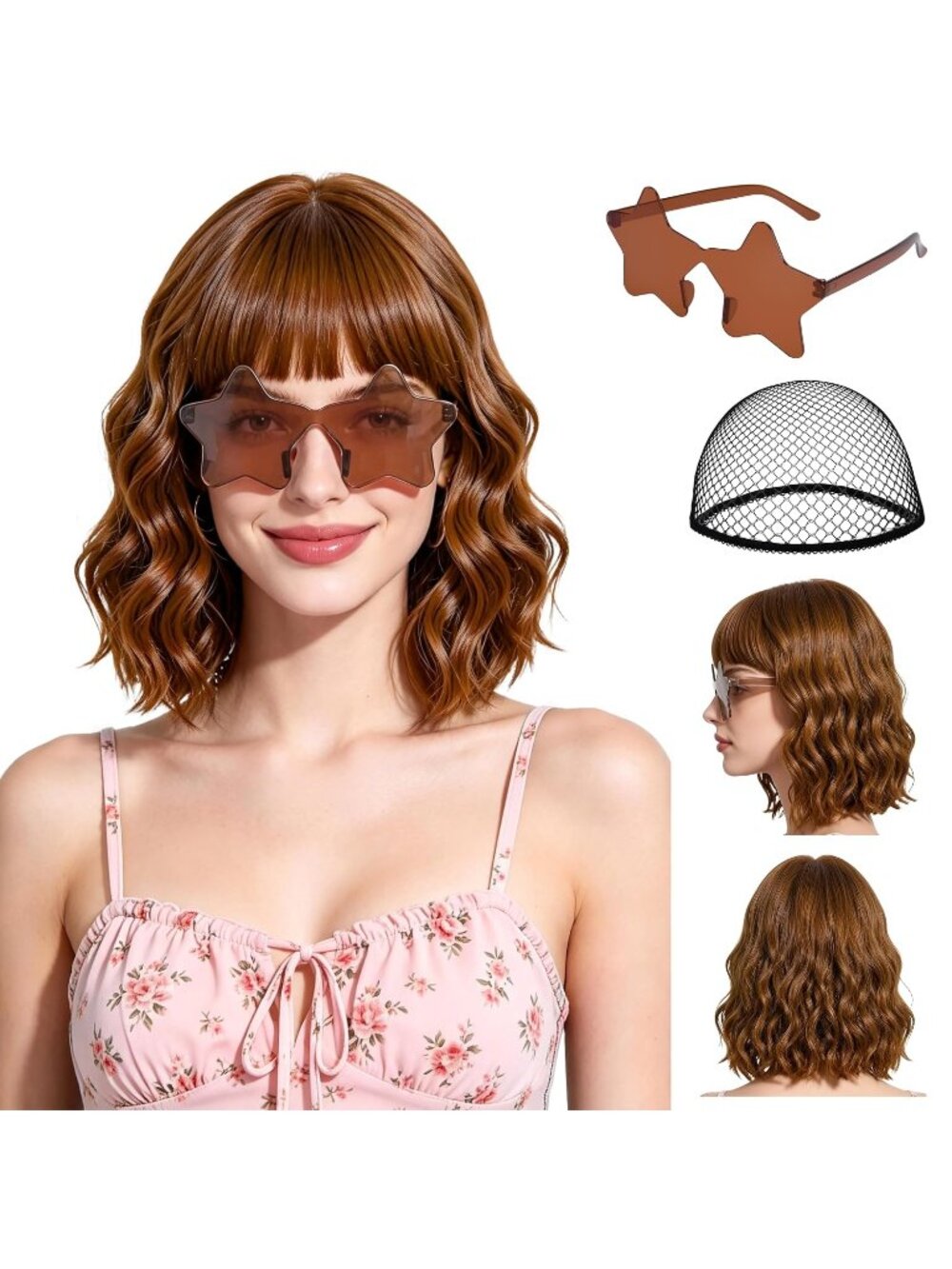 Women's Brown Short Wavy Bob Bangs 15.7 Inch Heat Resistant Synthetic Wig